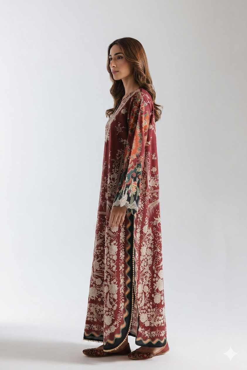1Pcs Cambric Lawn Embroidered & Printed Kaftan - ZSF306