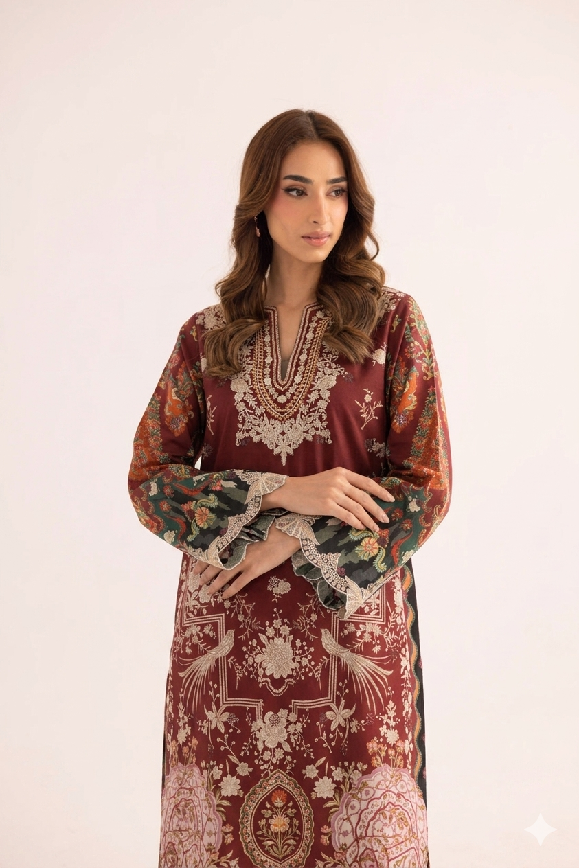 1Pcs Cambric Lawn Embroidered & Printed Kaftan - ZSF306