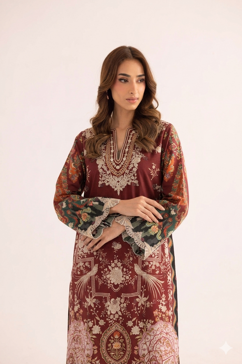 1Pcs Cambric Lawn Embroidered & Printed Kaftan - ZSF306