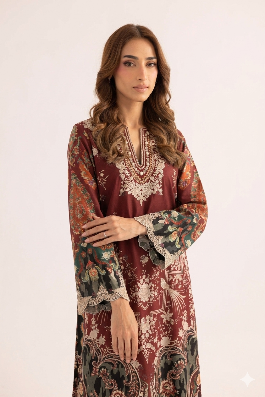 1Pcs Cambric Lawn Embroidered & Printed Kaftan - ZSF306