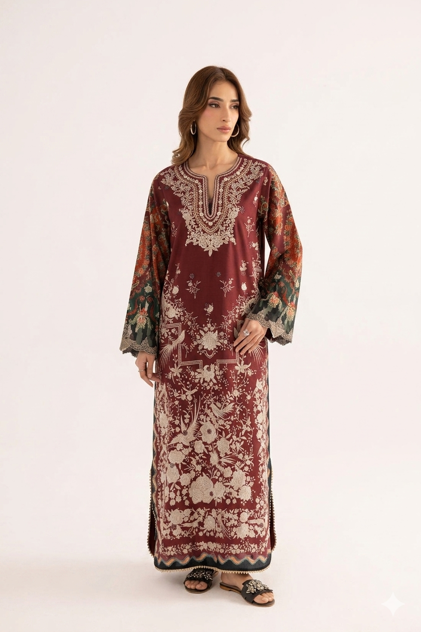 1Pcs Cambric Lawn Embroidered & Printed Kaftan - ZSF306