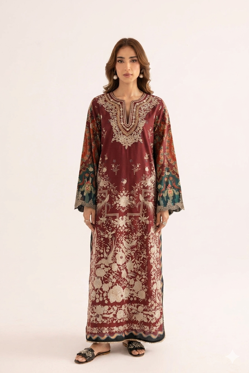 1Pcs Cambric Lawn Embroidered & Printed Kaftan - ZSF306