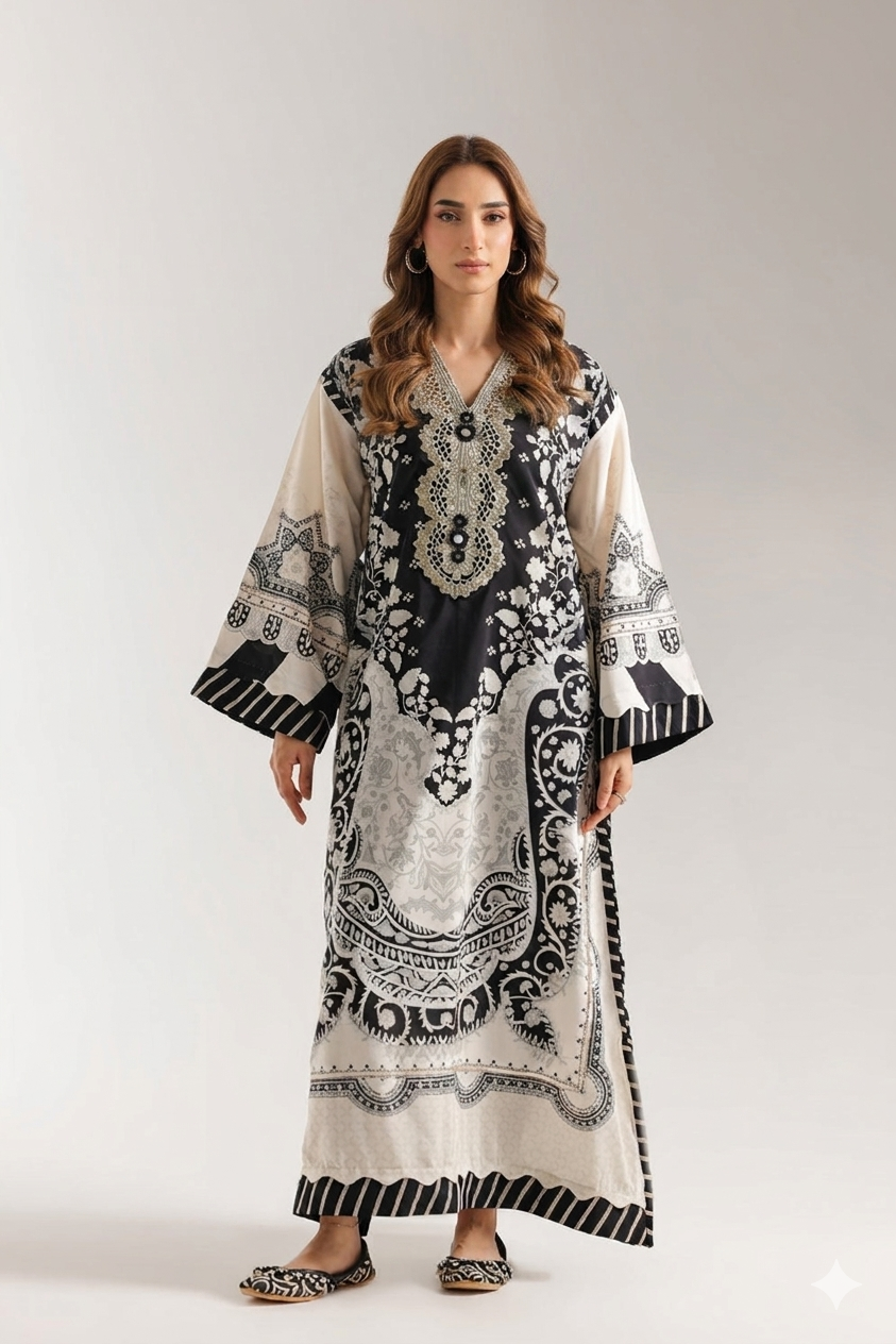 1Pcs Cambric Lawn Embroidered & Printed Kaftan - ZSF302