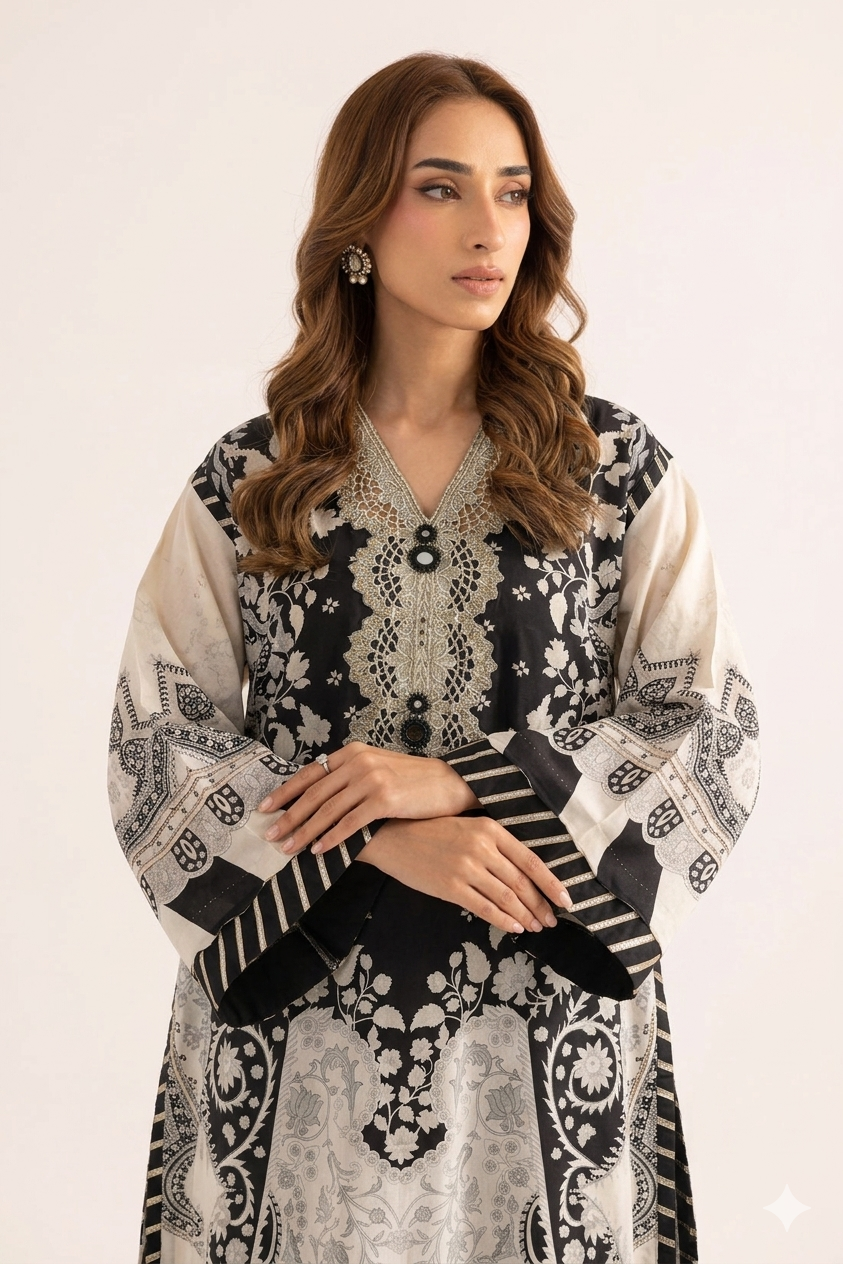 1Pcs Cambric Lawn Embroidered & Printed Kaftan - ZSF302