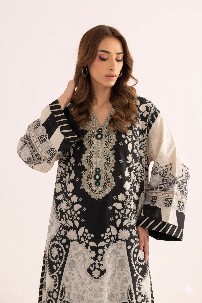 1Pcs Cambric Lawn Embroidered & Printed Kaftan - ZSF302