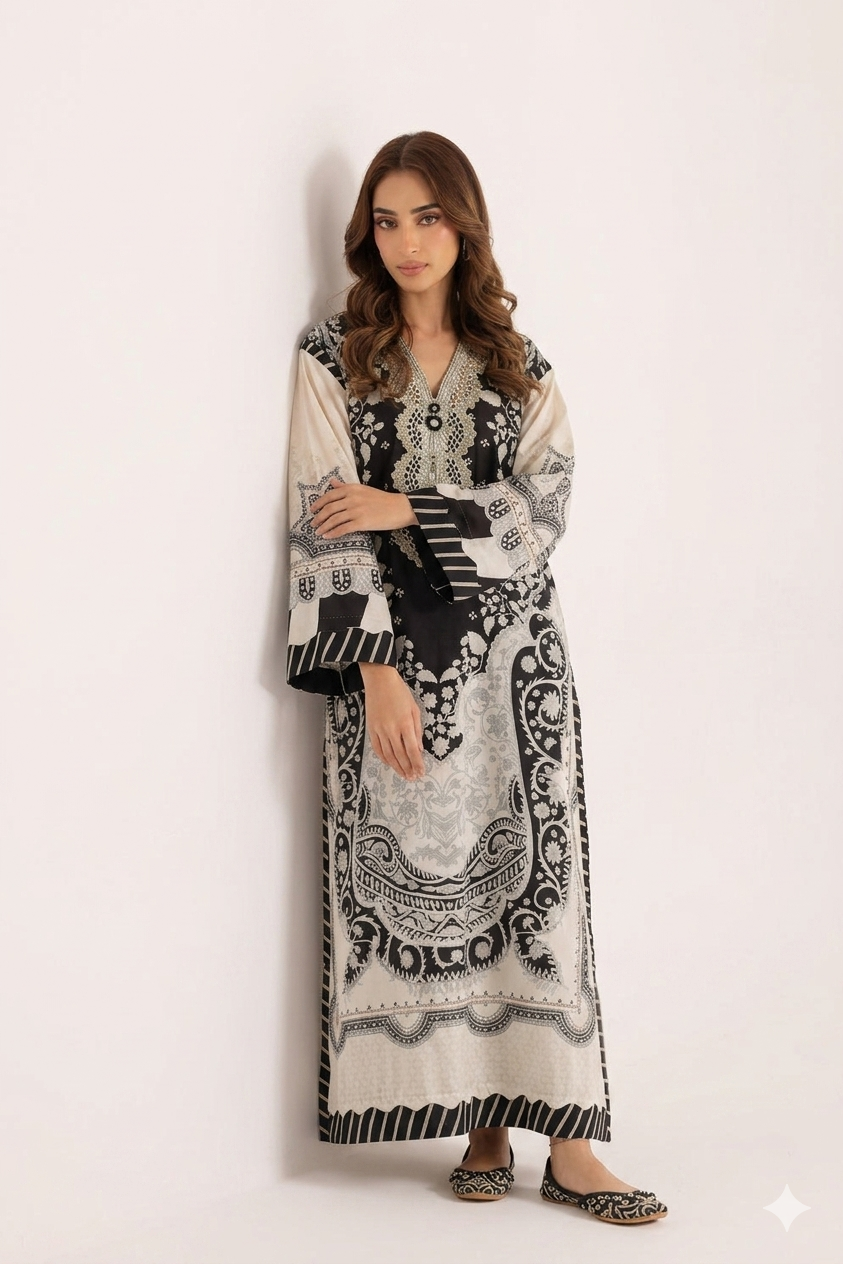 1Pcs Cambric Lawn Embroidered & Printed Kaftan - ZSF302
