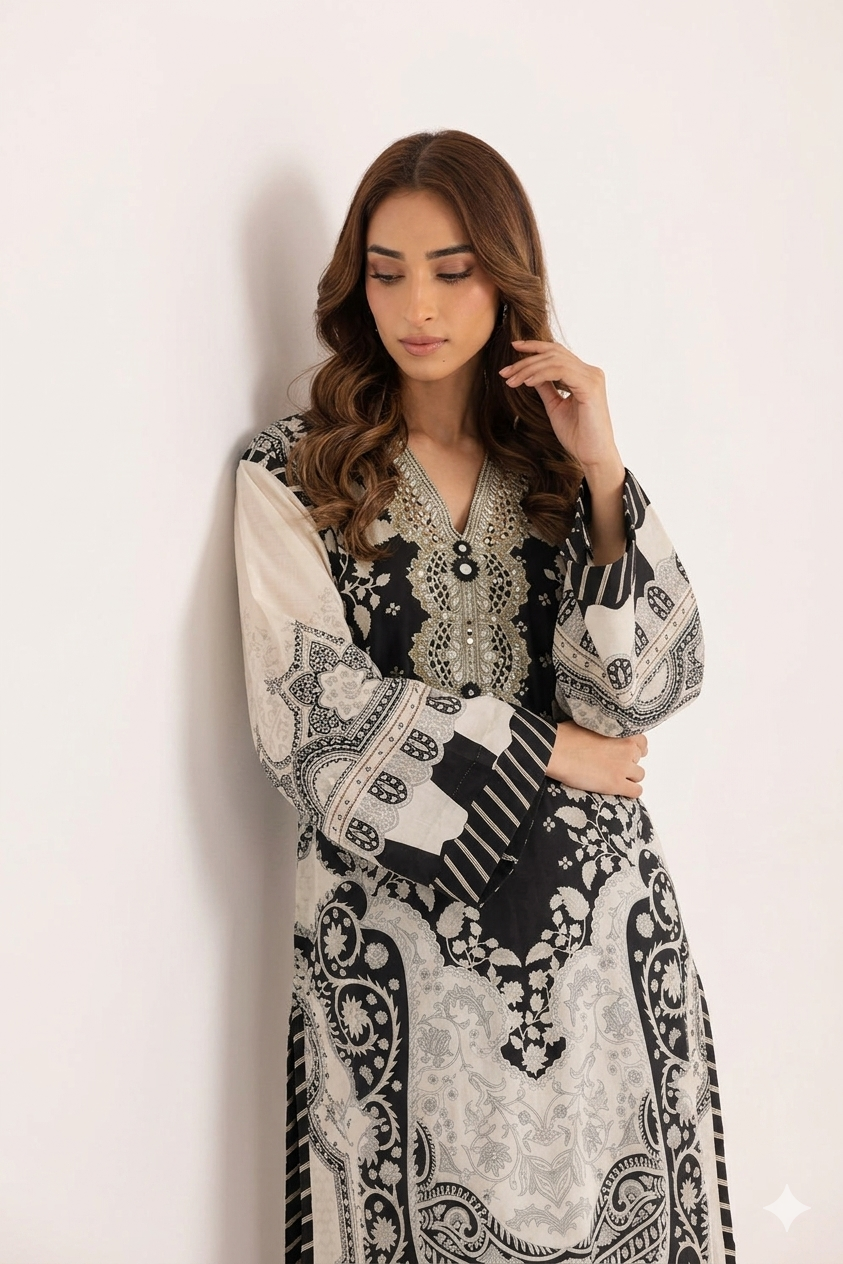 1Pcs Cambric Lawn Embroidered & Printed Kaftan - ZSF302